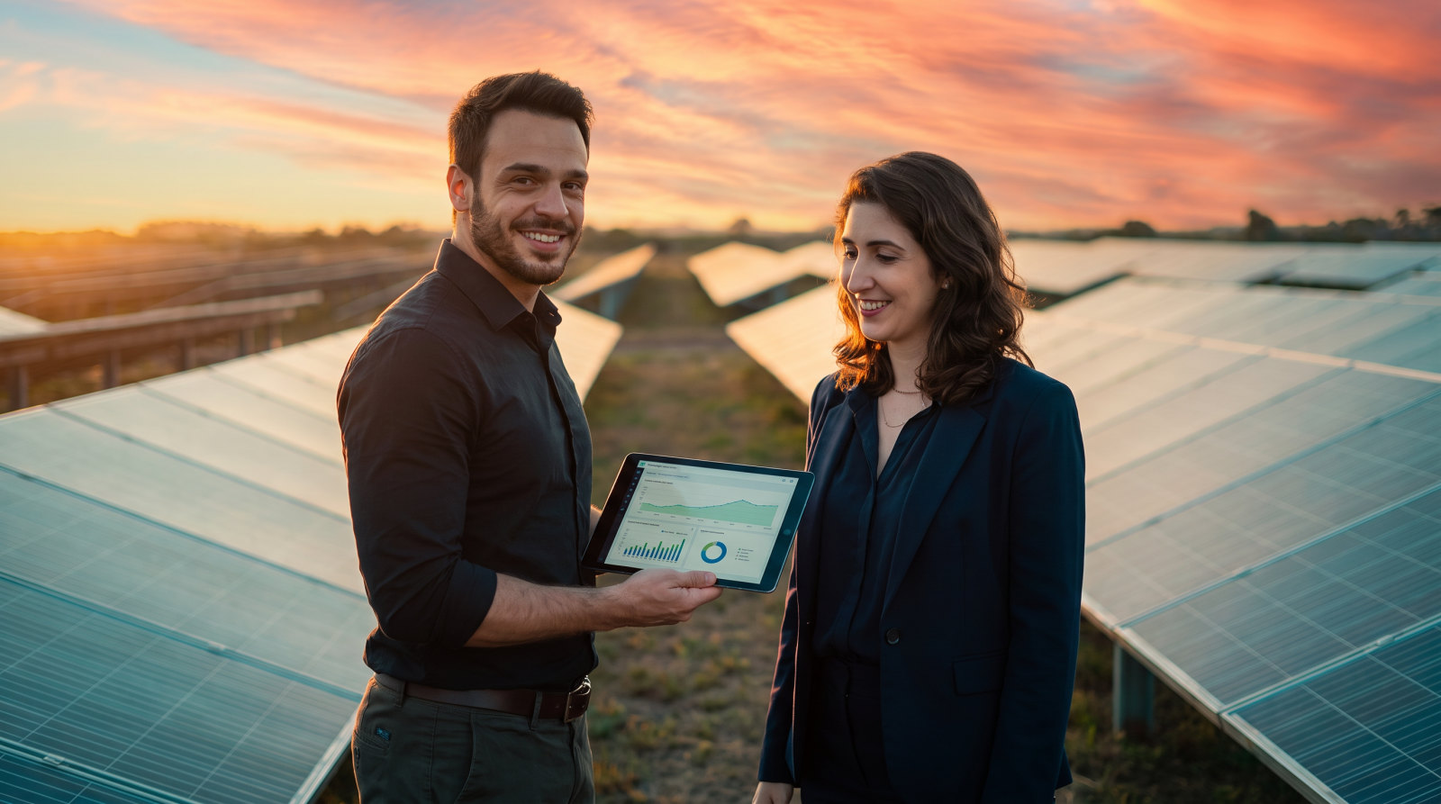 Patrick e Tuane, fundadores da EnergyBio, em uma usina solar ao pôr do sol